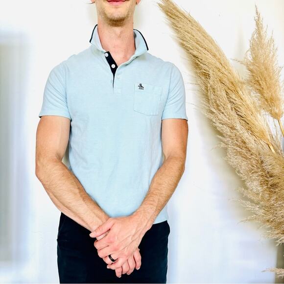 MENS ORIGINAL PENGUIN Navy Light Blue Casual Button Polo Short Sleeve Shirt M - Picture 1 of 8